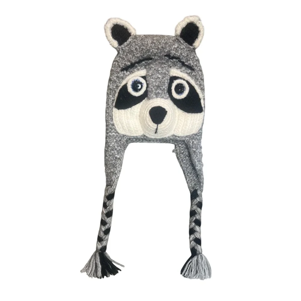 Kids Grey Jimothy Raccoon Hand Knit Animal Beanie Earflap Hat  Braided Tassels